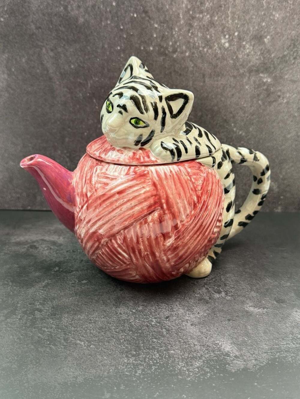 Vintage Ceramic Tiger Cat Teapot Sitting on Pink Yarn Ball 1995